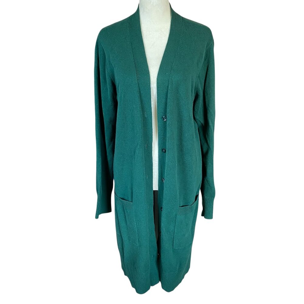 Denim & Company green long sleeve button down cardigan women's size medium